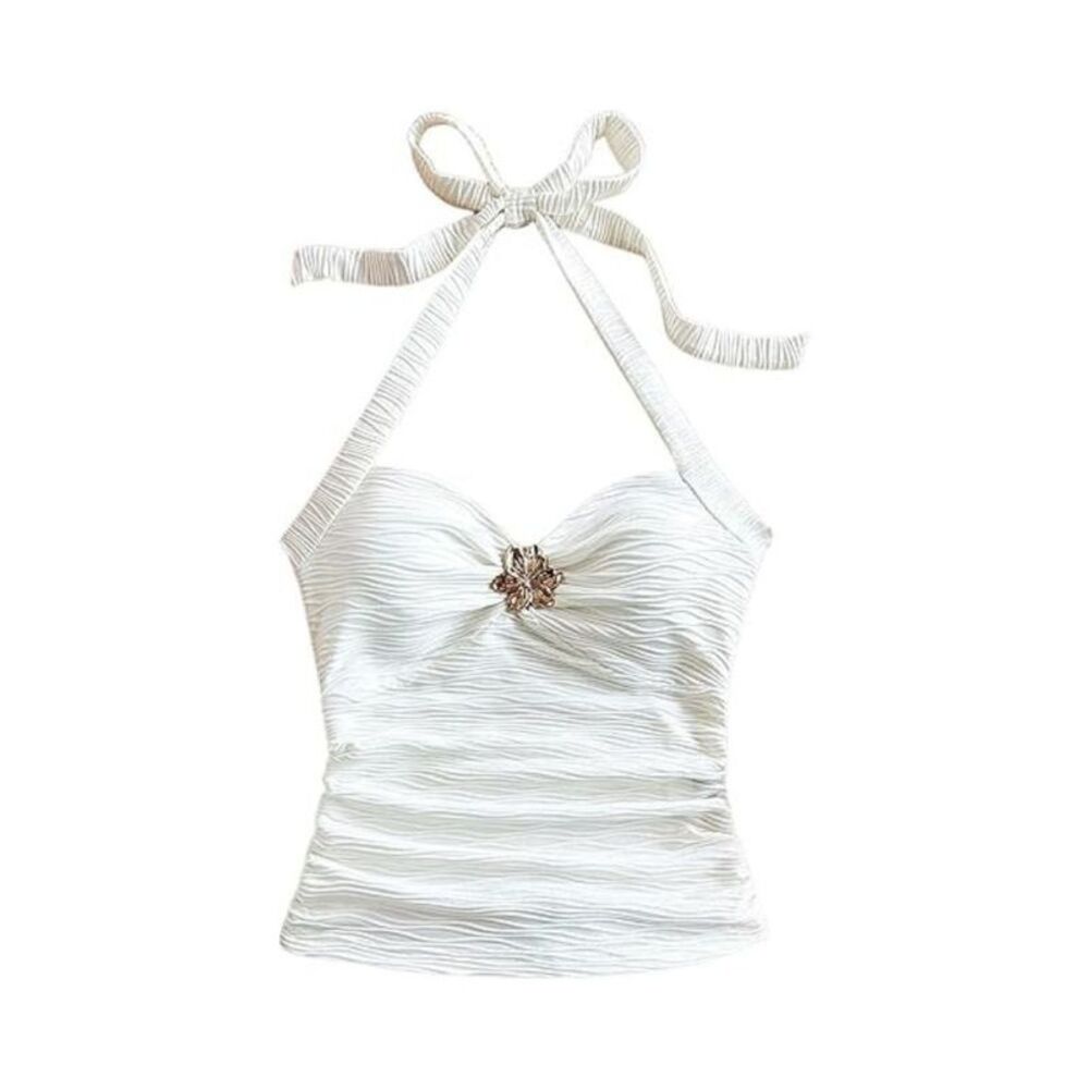 LEVEN SIXTEEN Women'S V-Neck Halter Summer Top White M